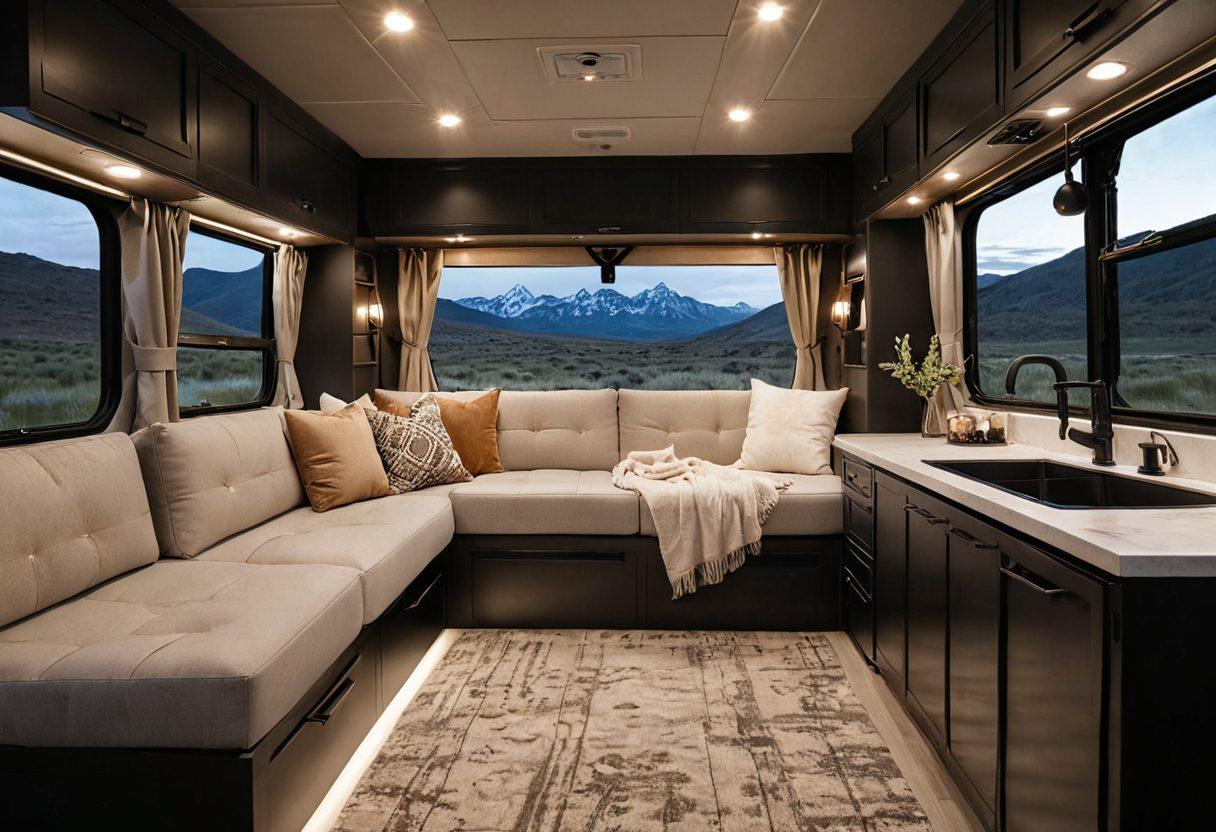 A cozy, stylish RV interior showcasing luxury compact sleeping solutions, including a high-end foldable bed, plush bedding, and elegant decor. Highlight a warm atmosphere with soft lighting and a scenic window view of a beautiful landscape outside. Incorporate elements like modern furniture and practical storage options to emphasize functionality. The image should evoke comfort and adventure in the great outdoors. super-realistic. warm colors.