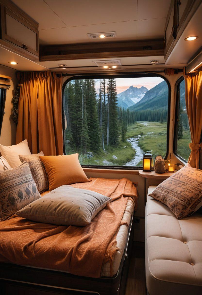 A cozy RV interior showcasing a well-designed sleeping area, featuring a plush mattress surrounded by soft pillows and warm blankets, illuminated by soft ambient light. Include a guidebook and a laptop on a small table, with picturesque nature visible through the window, enhancing the idea of outdoor adventures. The space should exude comfort and expert guidance. super-realistic. vibrant colors. warm tones.
